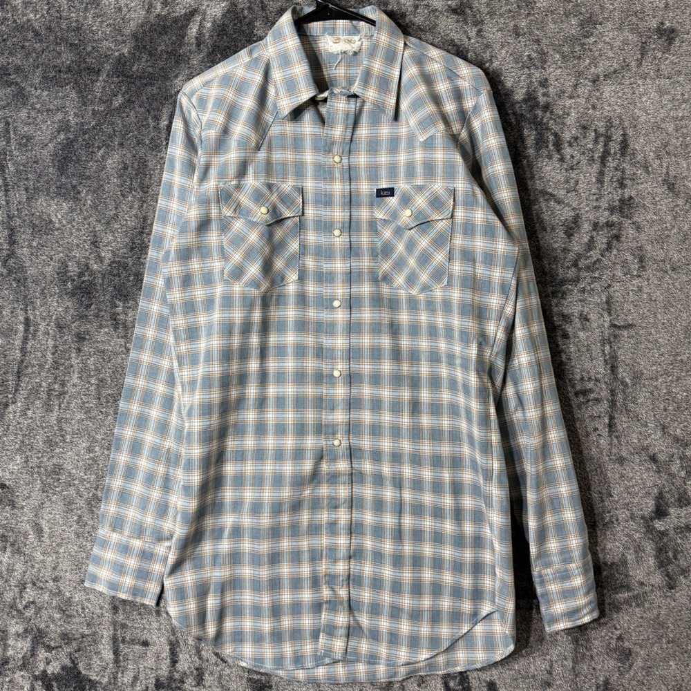 Vintage 70s Key Plaid Pearl Snap Flannel‎ Shirt Blue Western Medium 15.5 Tall